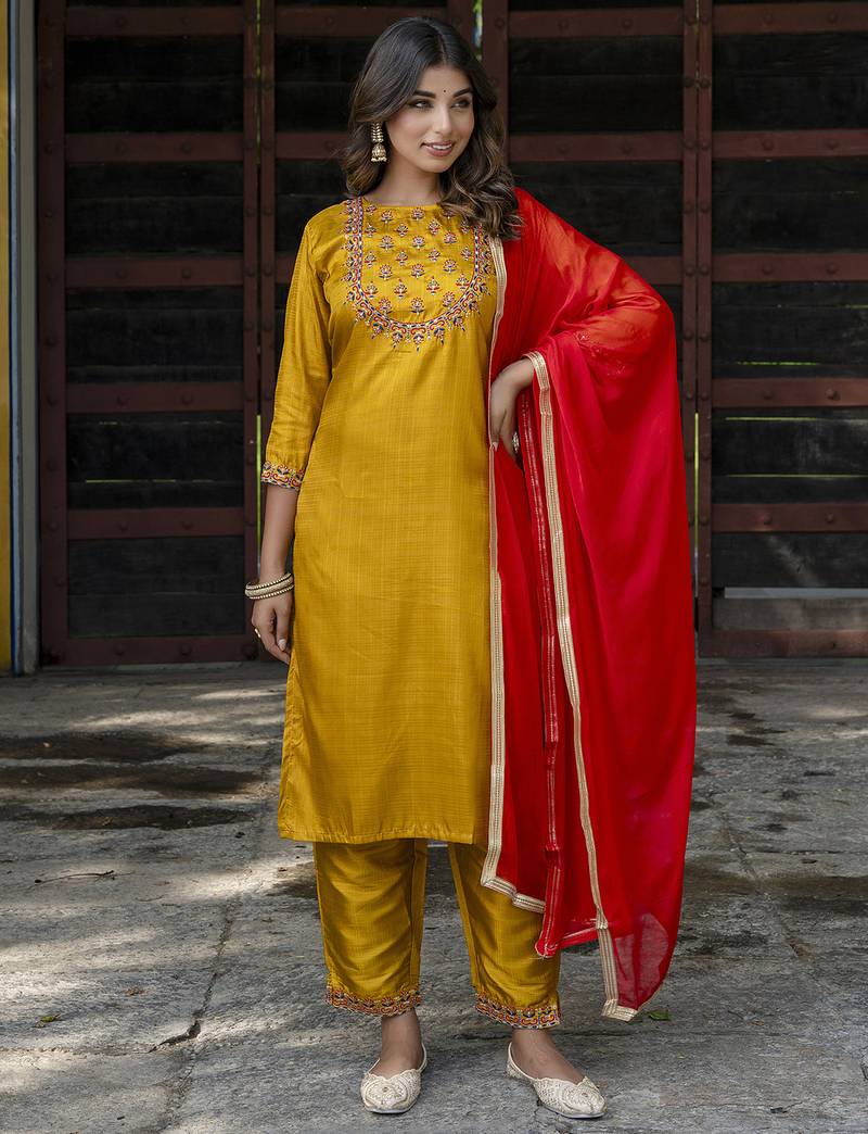 mustard fancy cotton silk kurta set