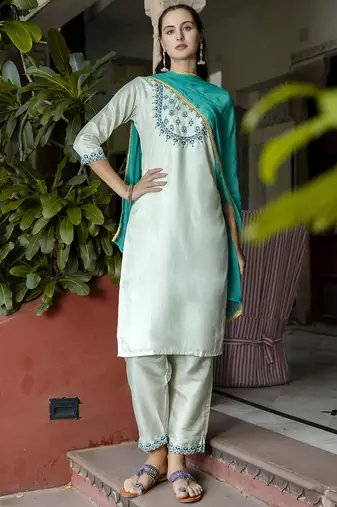 sky-blue fancy cotton silk kurta set