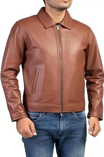 Men's brown lambskin leather biker jacket- straight zipper & pocket zipper fashtion