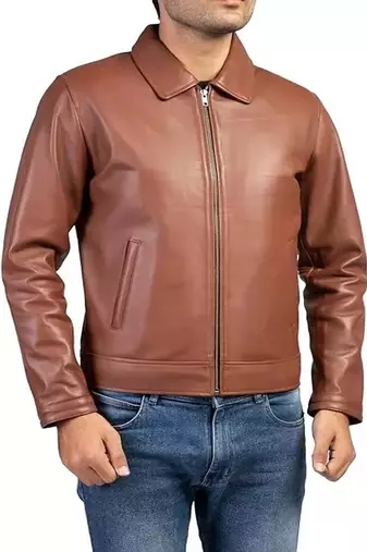Men's brown lambskin leather biker jacket- straight zipper & pocket zipper fashtion
