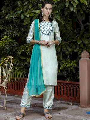 sky-blue fancy cotton silk kurta set 3