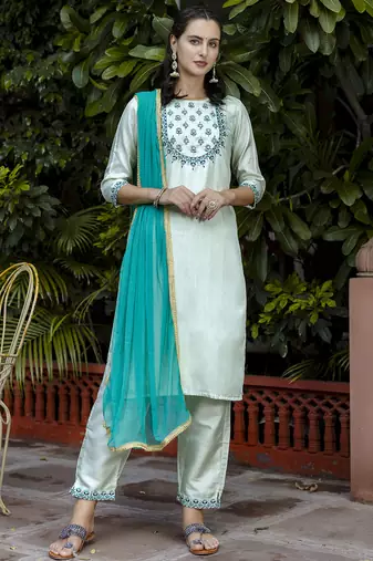 sky-blue fancy cotton silk kurta set