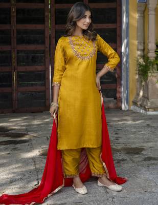 mustard fancy cotton silk kurta set 2