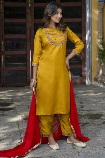 mustard fancy cotton silk kurta set