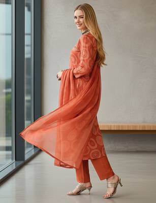 Women's orange rayon printed with embroidery worked straight kurta set with pant & dupatta 3