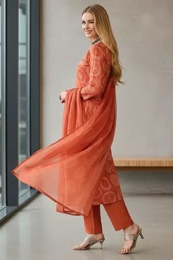 Women's orange rayon printed with embroidery worked straight kurta set with pant & dupatta