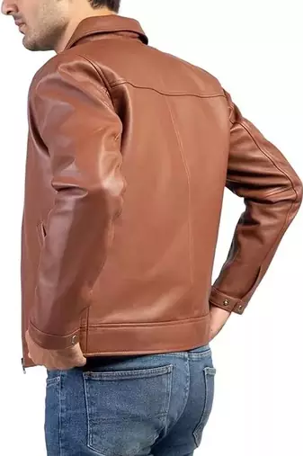 Men's brown lambskin leather biker jacket- straight zipper & pocket zipper fashtion