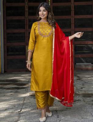 mustard fancy cotton silk kurta set 3