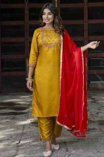 mustard fancy cotton silk kurta set