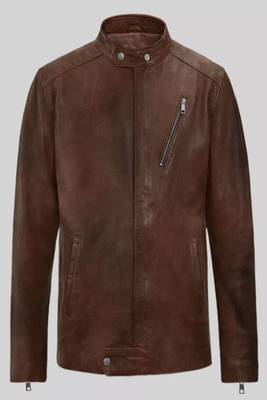 Men's brown lambskin leather biker jacket- straight zipper & pocket zipper café racer collar style 1
