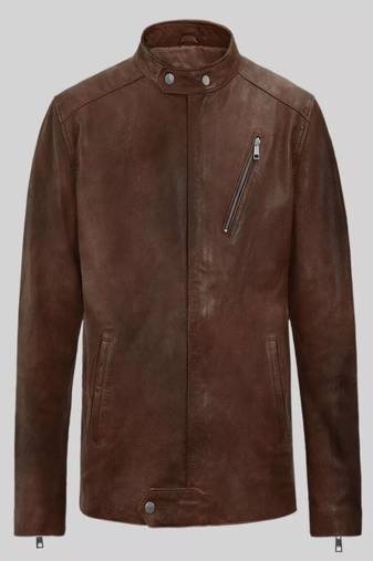 Men's brown lambskin leather biker jacket- straight zipper & pocket zipper café racer collar style