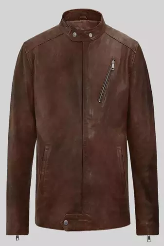 Men's brown lambskin leather biker jacket- straight zipper & pocket zipper café racer collar style