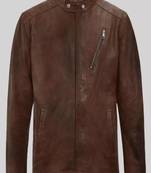 Men's brown lambskin leather biker jacket- straight zipper & pocket zipper café racer collar style