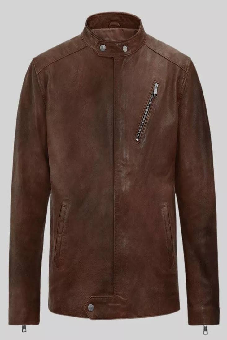 Men's brown lambskin leather biker jacket- straight zipper & pocket zipper café racer collar style