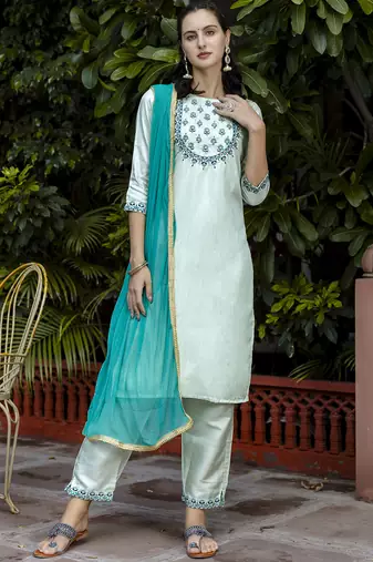 sky-blue fancy cotton silk kurta set