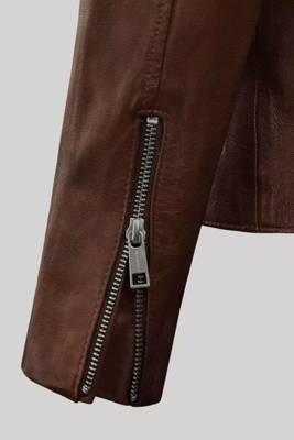 Men's brown lambskin leather biker jacket- straight zipper & pocket zipper café racer collar style 2