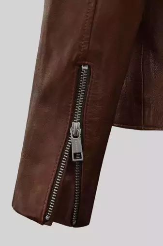 Men's brown lambskin leather biker jacket- straight zipper & pocket zipper café racer collar style