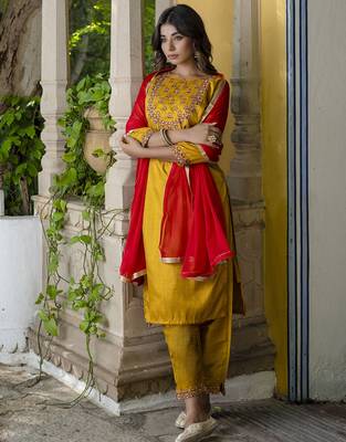 mustard fancy cotton silk kurta set 4