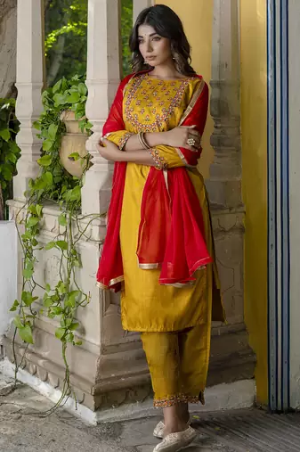 mustard fancy cotton silk kurta set