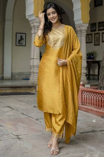 mustard fancy cotton silk kurta set