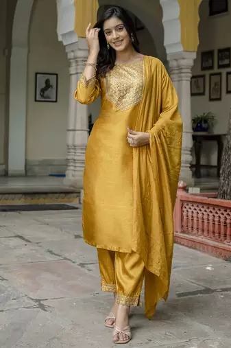 mustard fancy cotton silk kurta set