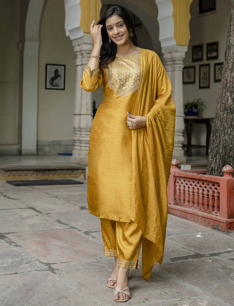 mustard fancy cotton silk kurta set