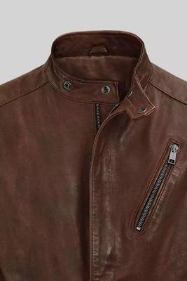 Men's brown lambskin leather biker jacket- straight zipper & pocket zipper café racer collar style 3