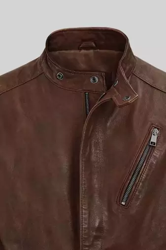 Men's brown lambskin leather biker jacket- straight zipper & pocket zipper café racer collar style