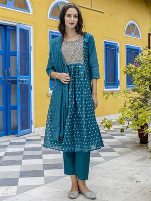 teal fancy chanderi kurta set 1