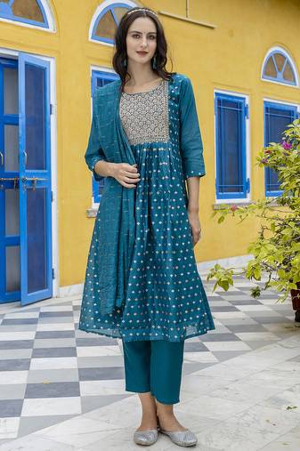 teal fancy chanderi kurta set