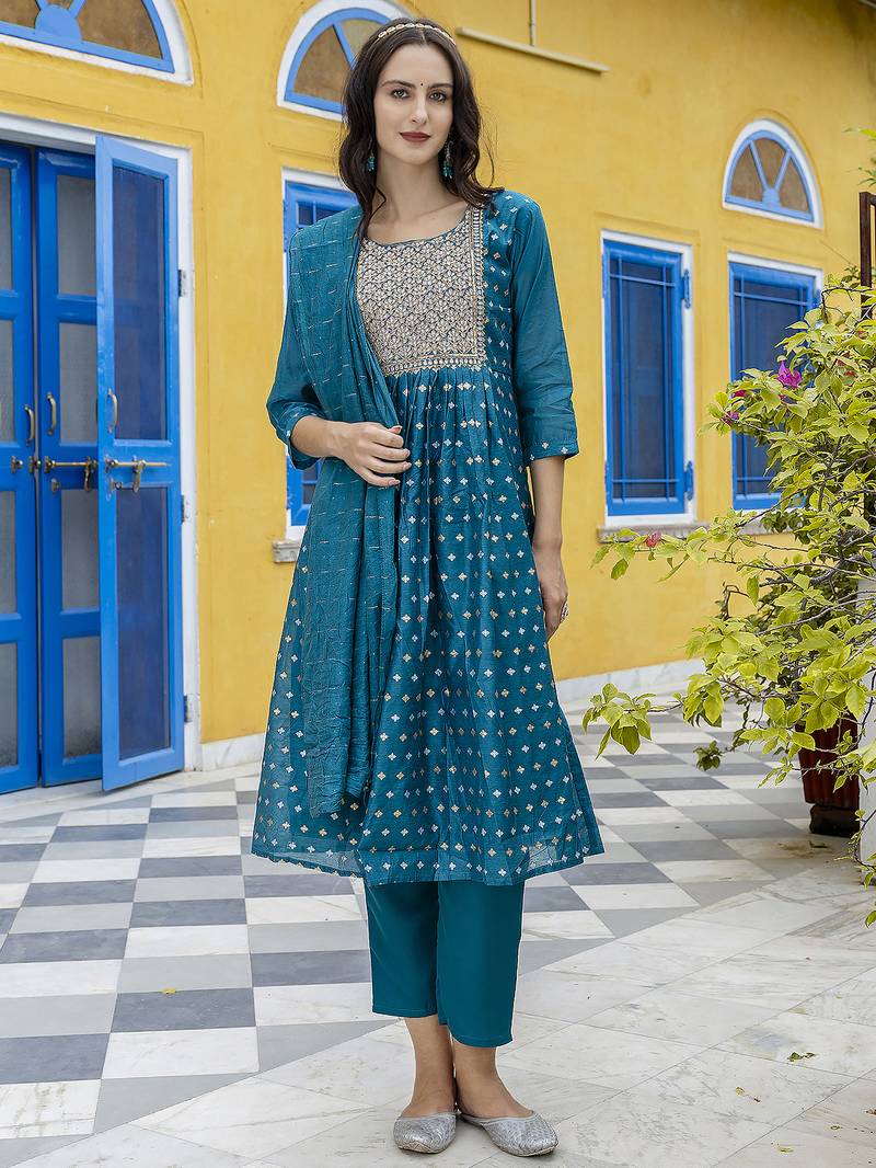 teal fancy chanderi kurta set