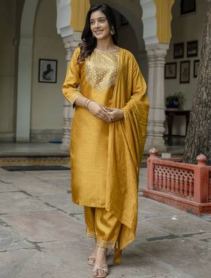 mustard fancy cotton silk kurta set 2