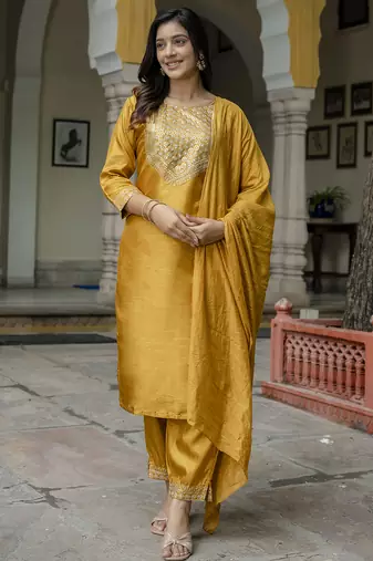 mustard fancy cotton silk kurta set