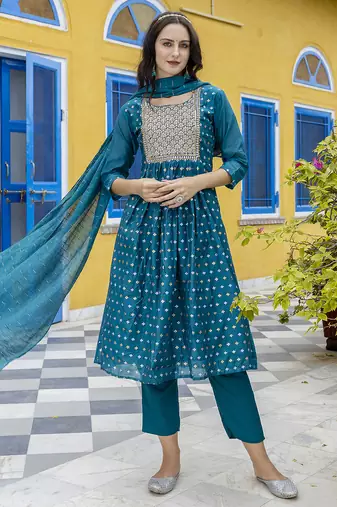 teal fancy chanderi kurta set