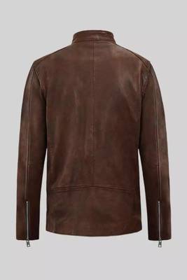 Men's brown lambskin leather biker jacket- straight zipper & pocket zipper café racer collar style 4