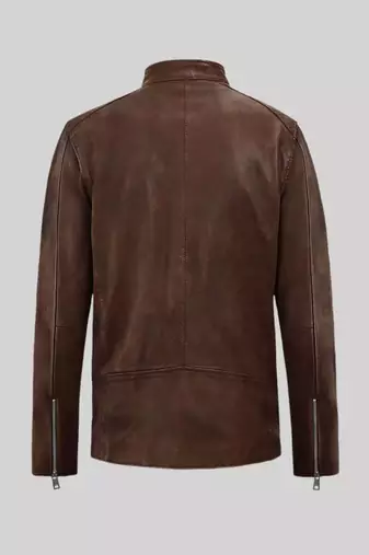 Men's brown lambskin leather biker jacket- straight zipper & pocket zipper café racer collar style