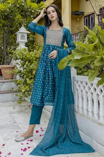 teal fancy chanderi kurta set