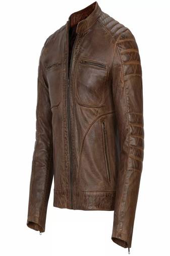Men;s brown lambskin leather jacket motorcycle jacket zipper detail style