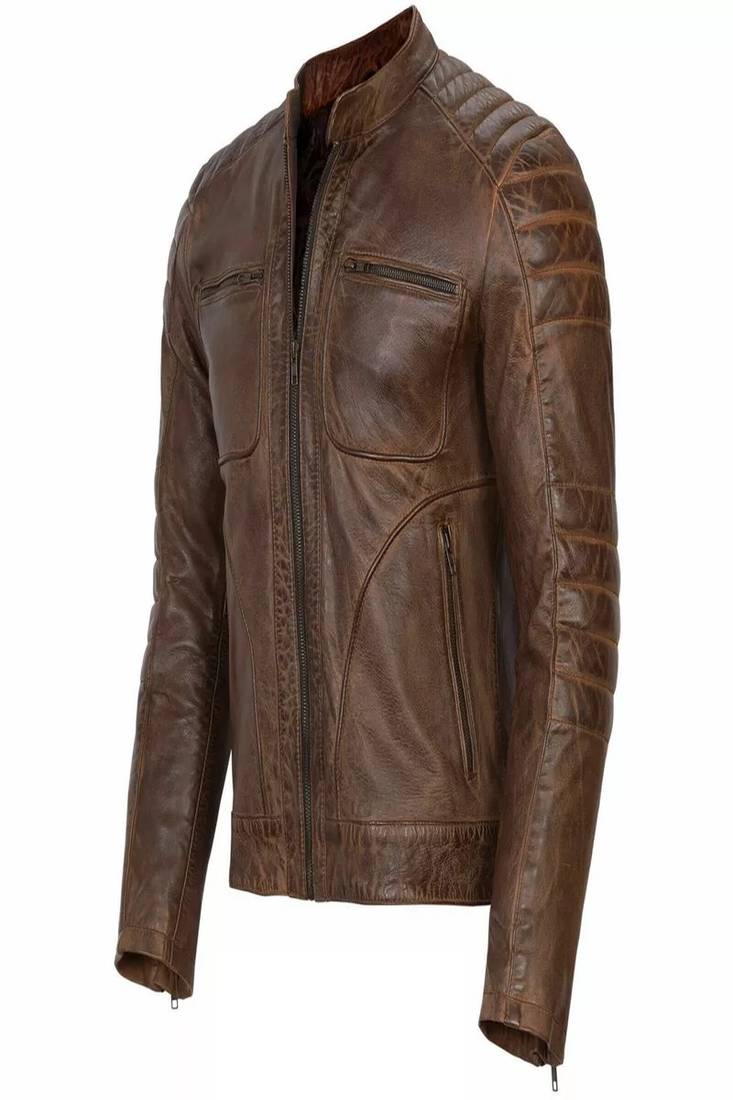 Men;s brown lambskin leather jacket motorcycle jacket zipper detail style