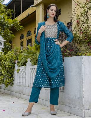 teal fancy chanderi kurta set 4