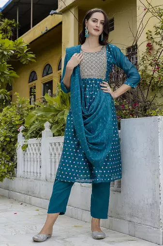 teal fancy chanderi kurta set
