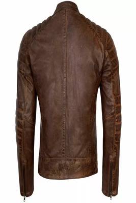 Men;s brown lambskin leather jacket motorcycle jacket zipper detail style 2