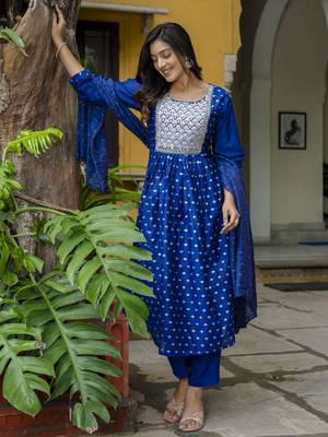 royal-blue fancy chanderi kurta set 1