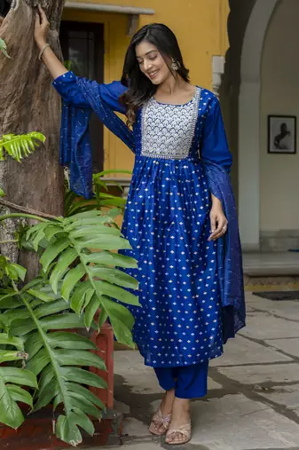 royal-blue fancy chanderi kurta set