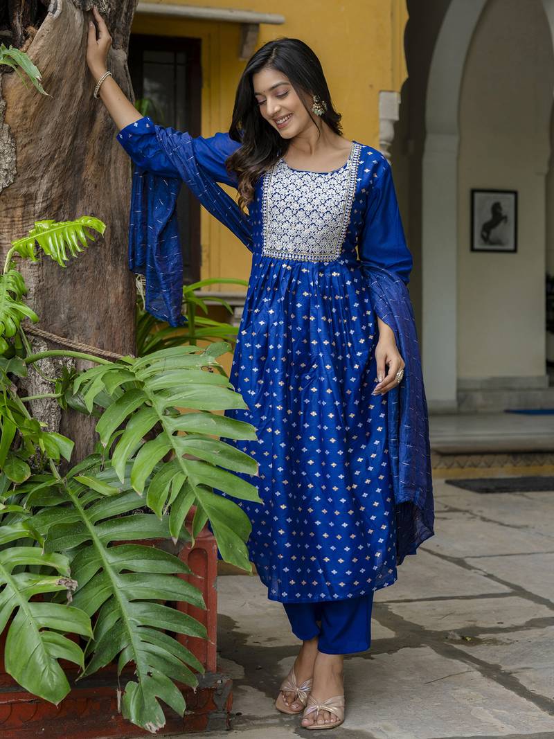 royal-blue fancy chanderi kurta set