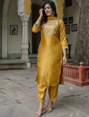 mustard fancy cotton silk kurta set 3