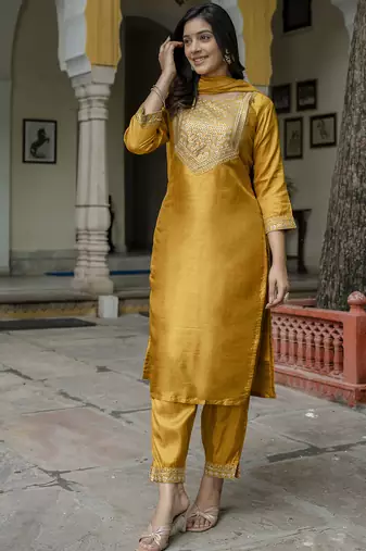 mustard fancy cotton silk kurta set