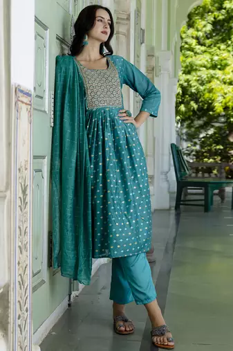 blue fancy chanderi kurta set