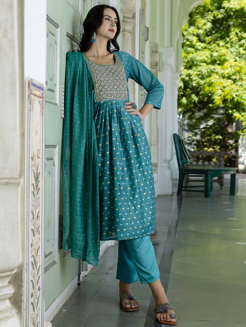 blue fancy chanderi kurta set