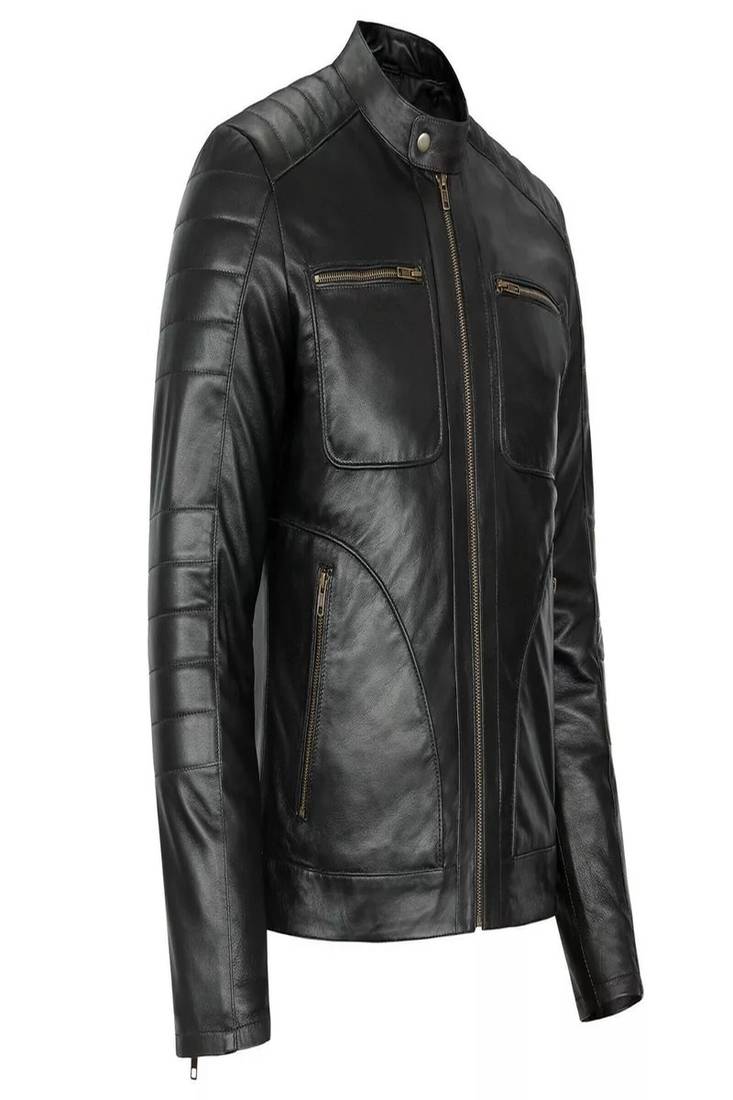 Men's black pure lambskin leather hoodie jacket  collar zip style